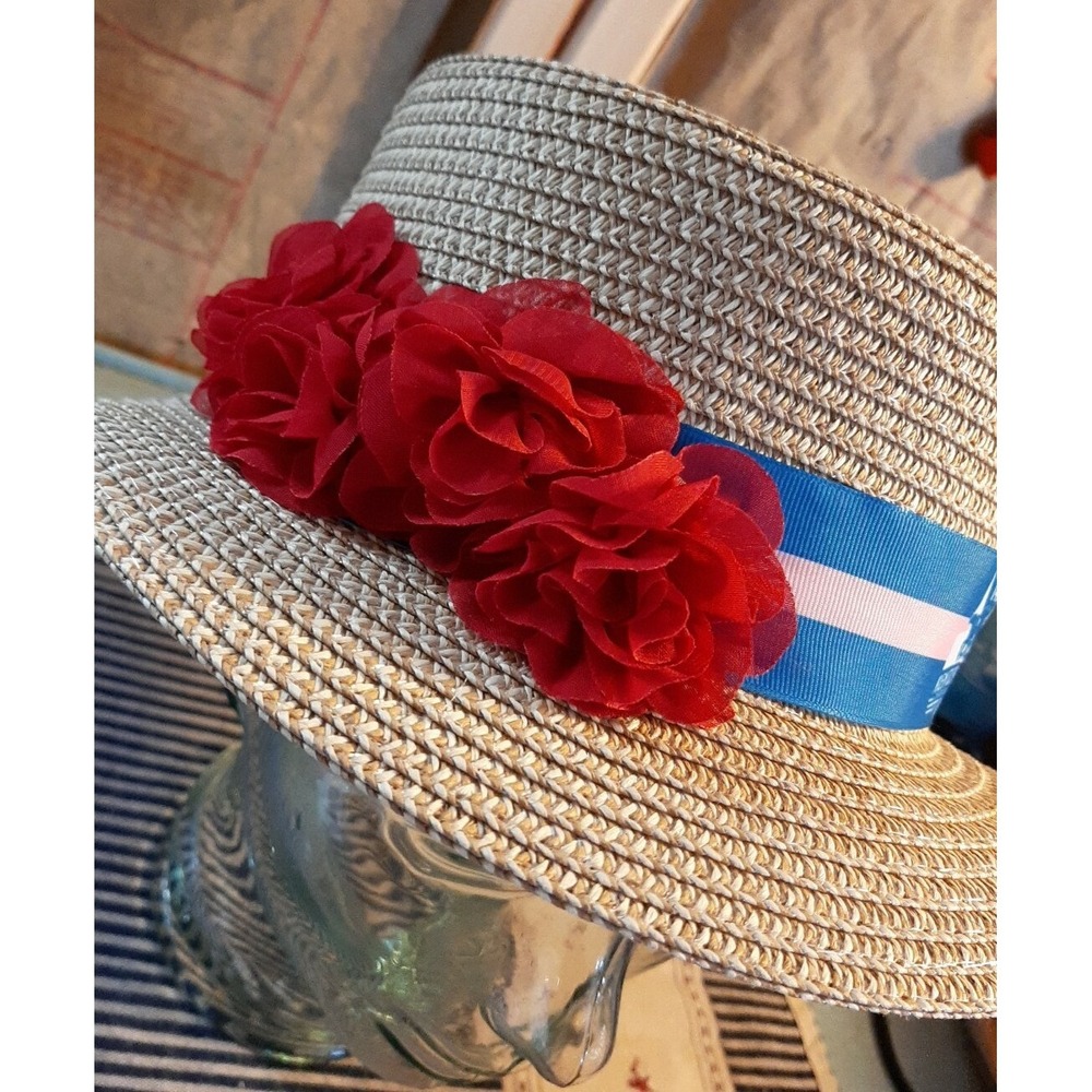 New Kentucky Derby Angry Orchard Derby Straw Hat with Ribbon & Red Flowers - Picture 3 of 6